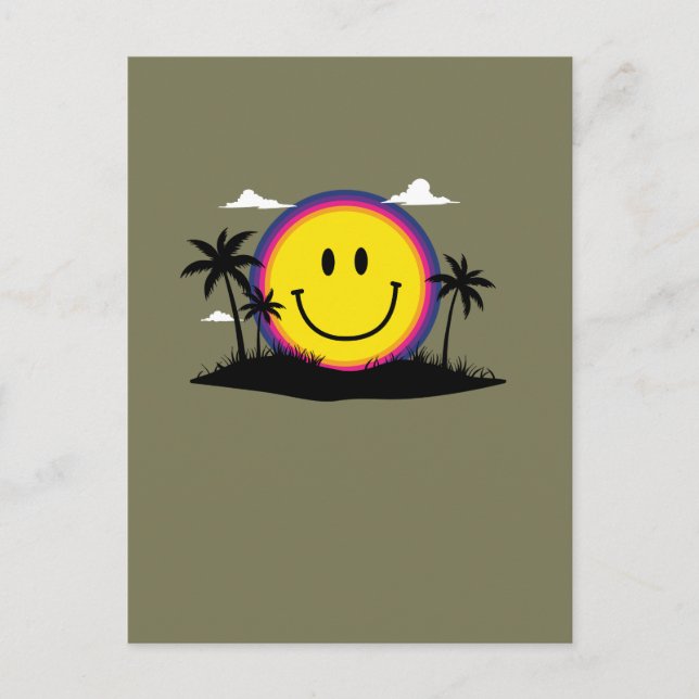Happy 70s  Retro Smiley Face Sunset Beach Vibes Postcard (Front)