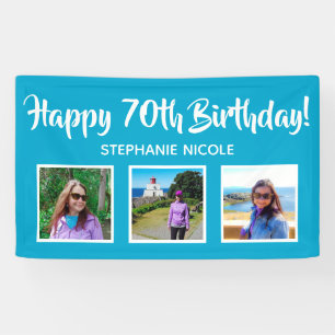 Happy 70th Birthday Aqua Blue Personalized Photos Banner