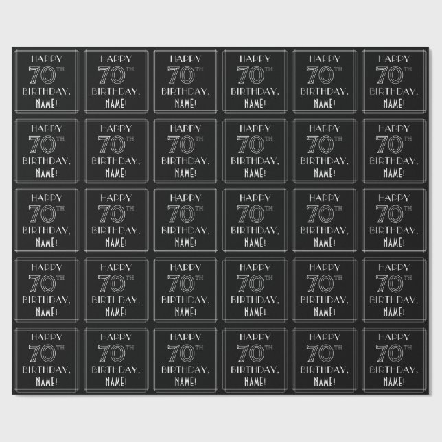 HAPPY 70TH BIRTHDAY; Art Deco Style w/ Custom Name Wrapping Paper (Flat)