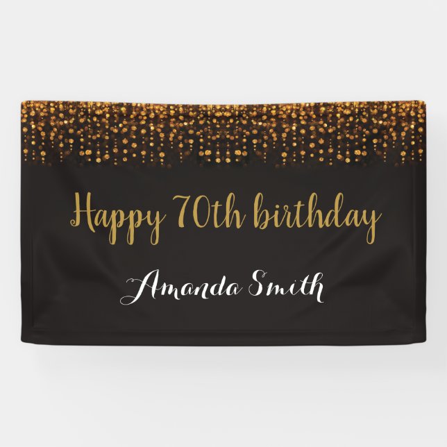 Happy 70th Birthday Banner. Black and Gold Glitter Banner (Horizontal)