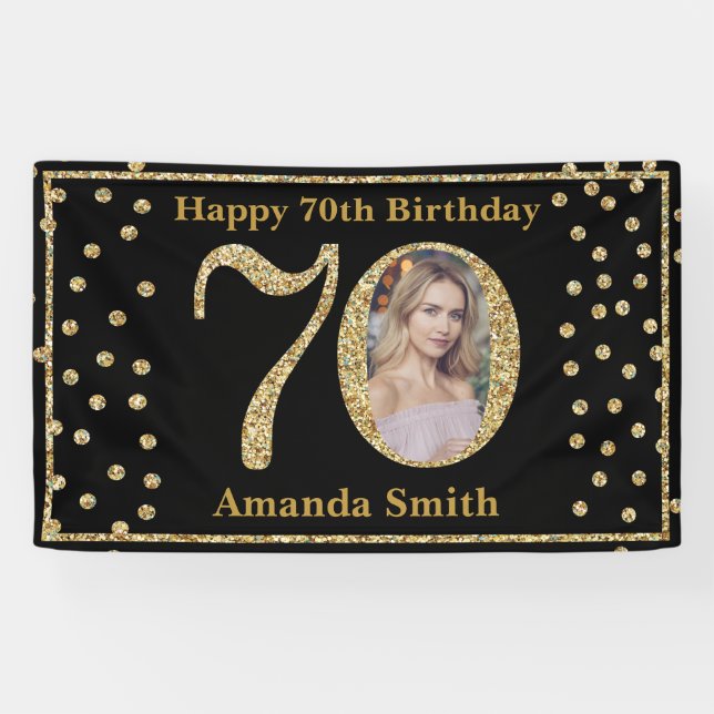 Happy 70th Birthday Banner Black and Gold Photo (Horizontal)
