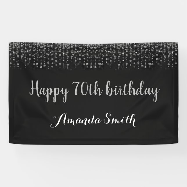 Happy 70th Birthday Banner. Black Silver Glitter Banner (Horizontal)