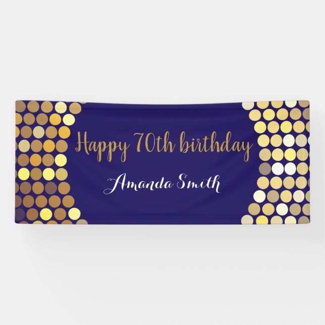 Happy 70th Birthday Banner Navy Blue Gold Glitter (Horizontal)