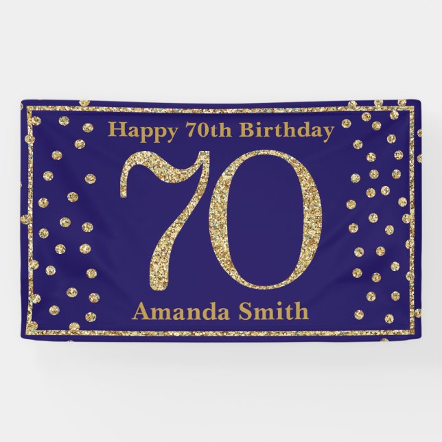 Happy 70th Birthday Banner Navy Blue Gold Glitter (Horizontal)
