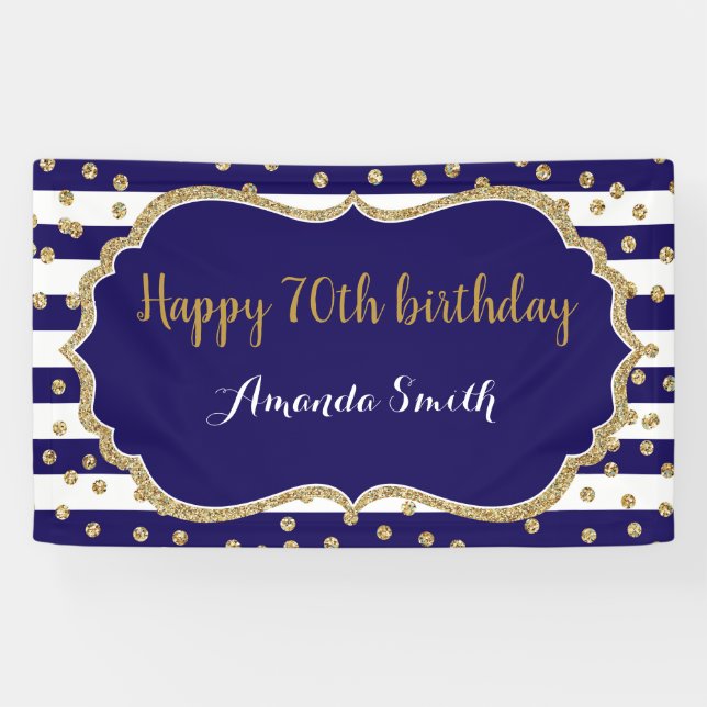 Happy 70th Birthday Banner. Navy Blue Gold Glitter Banner (Horizontal)