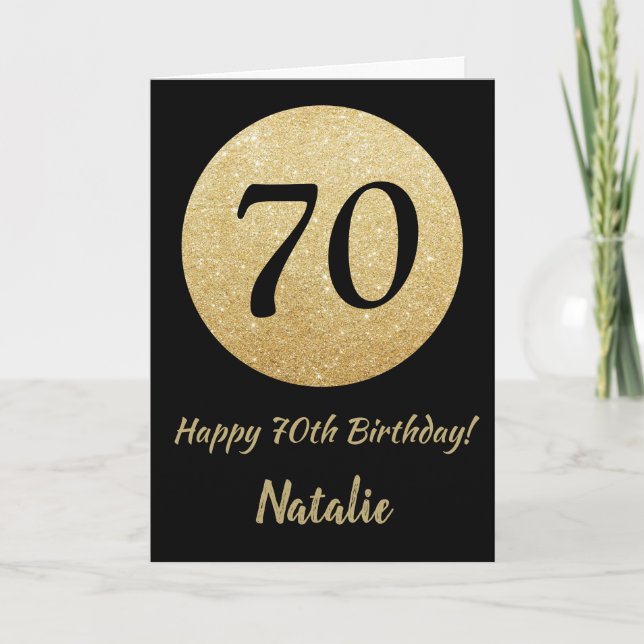 Happy 70th Birthday Black and Gold Glitter Card (Front)