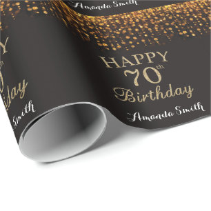 Happy 70th Birthday Black and Gold Glitter Wrapping Paper