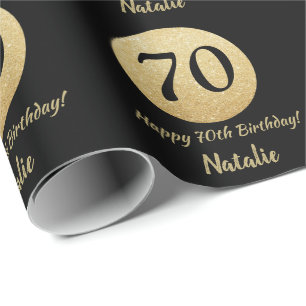 Happy 70th Birthday Black and Gold Glitter Wrapping Paper