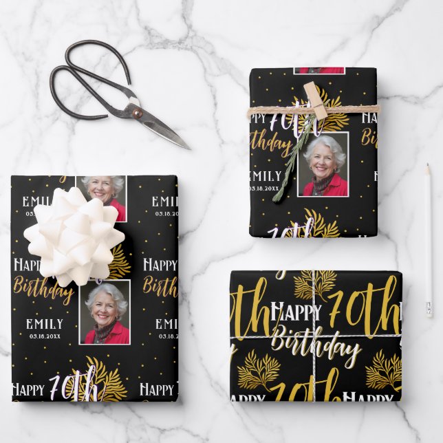 Happy 70th Birthday Black Gold Foliage Photo  Wrapping Paper Sheet (Front)