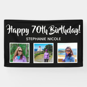Happy 70th Birthday Black Personalized 3 Photos Banner