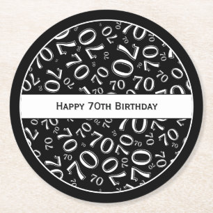 "Happy 70th Birthday" Black/White Number Pattern Round Paper Coaster