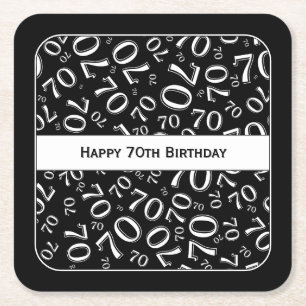 "Happy 70th Birthday" Black/White Number Pattern Square Paper Coaster