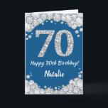 Happy 70th Birthday Blue and Silver Glitter Card<br><div class="desc">Happy 70th Birthday Blue and Silver Glitter Card with personalized name. For further customization,  please click the "Customize it" button and use our design tool to modify this template.</div>
