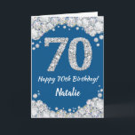 Happy 70th Birthday Blue and Silver Glitter Card<br><div class="desc">Happy 70th Birthday Blue and Silver Glitter Card with personalized name. For further customization,  please click the "Customize it" button and use our design tool to modify this template.</div>