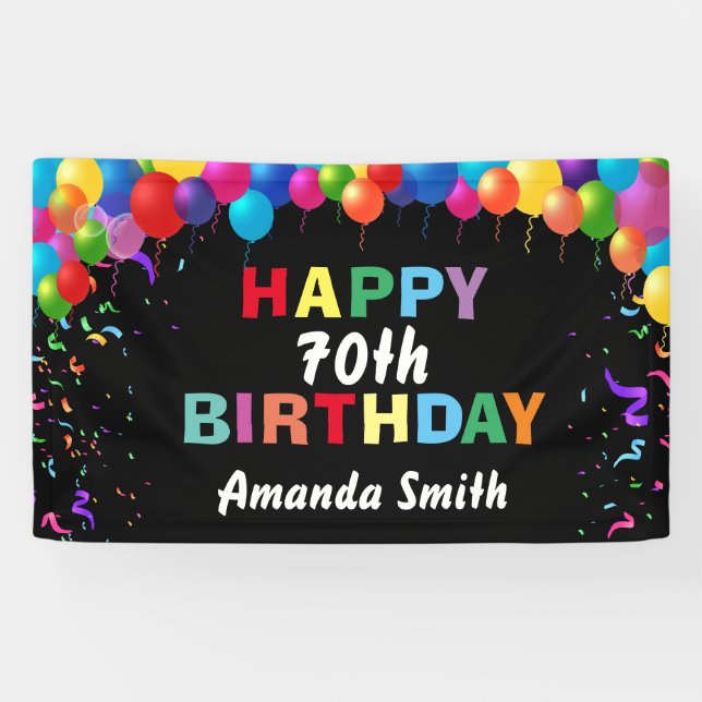 Happy 70th Birthday Colorful Balloons Confetti Banner (Horizontal)