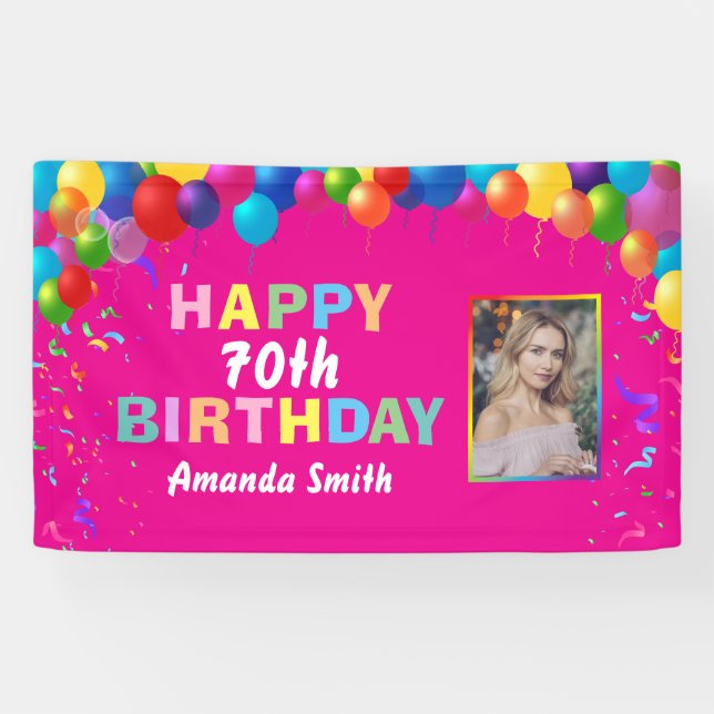 Happy 70th Birthday Colorful Balloons Hot Pink Banner (Horizontal)