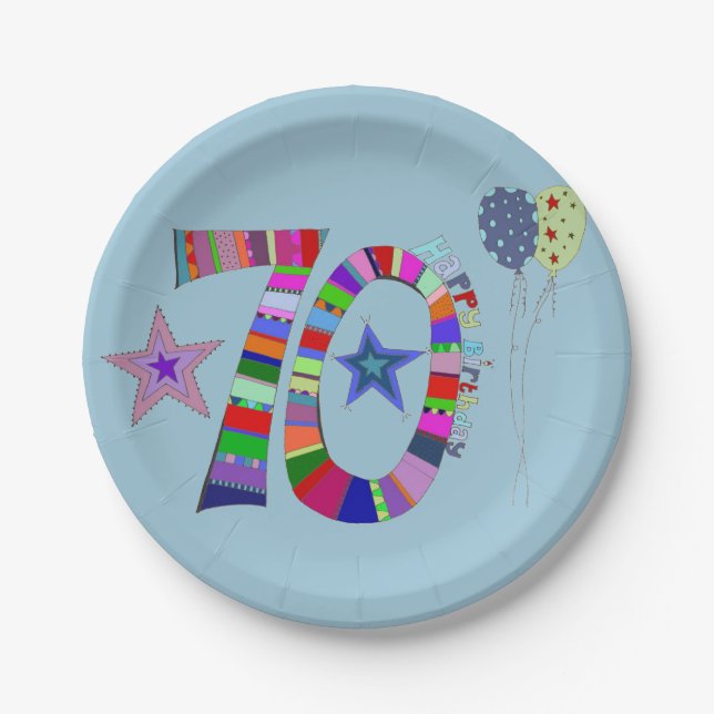 Happy 70th Birthday Colourful Balloons Paper Plate (Front)