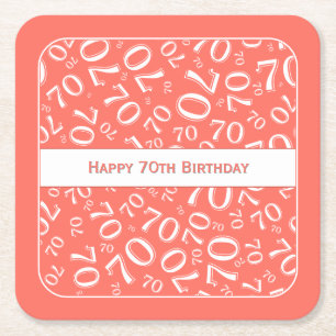 "Happy 70th Birthday" Coral/White Number Pattern Square Paper Coaster