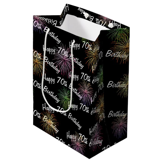 Happy 70th Birthday fireworks on black Medium Gift Bag (Front Angled)
