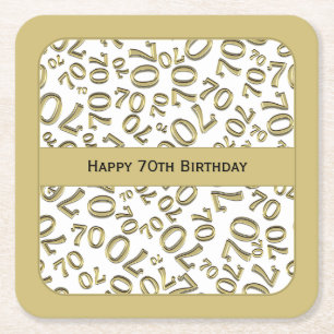 "Happy 70th Birthday" Gold/White Number Pattern Square Paper Coaster