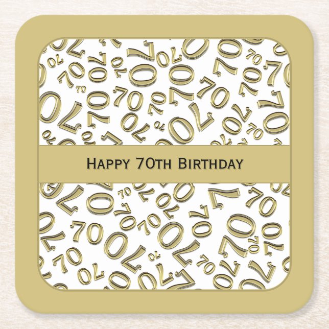 "Happy 70th Birthday" Gold/White Number Pattern Square Paper Coaster (Front)