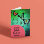 Happy 70th Birthday Green Butterfly customizable Card<br><div class="desc">Customizable birthday card
Butterflies on a woodland green background
Black typography against a salmon pink background</div>