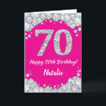 Happy 70th Birthday Hot Pink and Silver Glitter Card<br><div class="desc">Happy 70th Birthday Hot Pink and Silver Glitter Card with personalized name. For further customization,  please click the "Customize it" button and use our design tool to modify this template.</div>