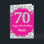 Happy 70th Birthday Hot Pink and Silver Glitter Card<br><div class="desc">Happy 70th Birthday Hot Pink and Silver Glitter Card with personalized name. For further customization,  please click the "Customize it" button and use our design tool to modify this template.</div>