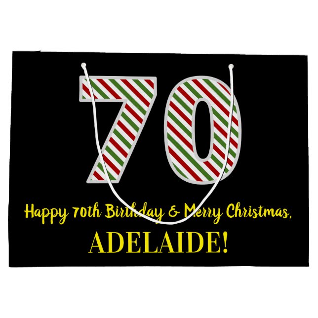 Happy 70th Birthday & Merry Christmas, Custom Name Large Gift Bag (Back)