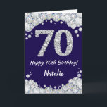 Happy 70th Birthday Navy Blue and Silver Glitter Card<br><div class="desc">Happy 70th Birthday Navy Blue and Silver Glitter Card with personalized name. For further customization,  please click the "Customize it" button and use our design tool to modify this template.</div>