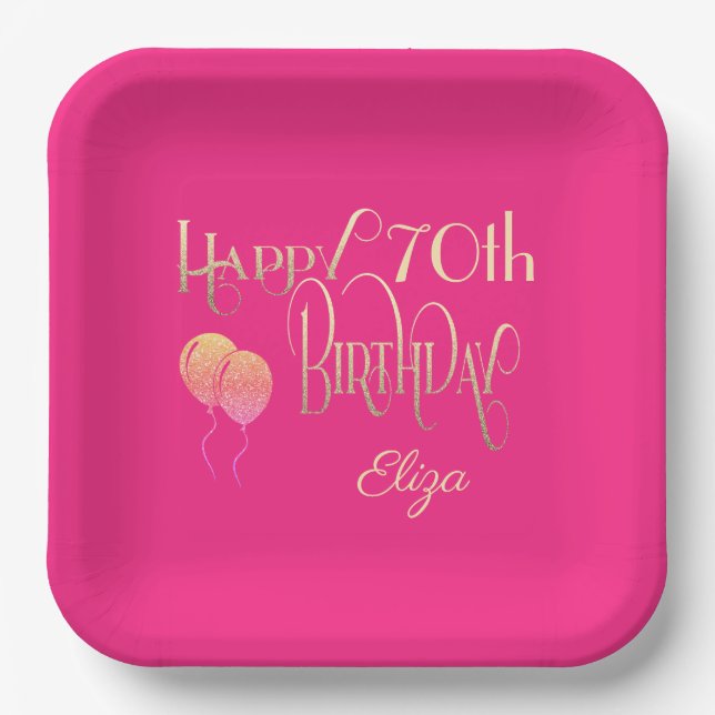 Happy 70th Birthday Ornate Script Gold Pink Paper Plate (Front)