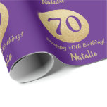 Happy 70th Birthday Purple and Gold Glitter Wrapping Paper<br><div class="desc">Happy 70th Birthday Purple and Gold Glitter Wrapping Paper with personalized name. For further customization,  please click the "Customize it" button and use our design tool to modify this template.</div>