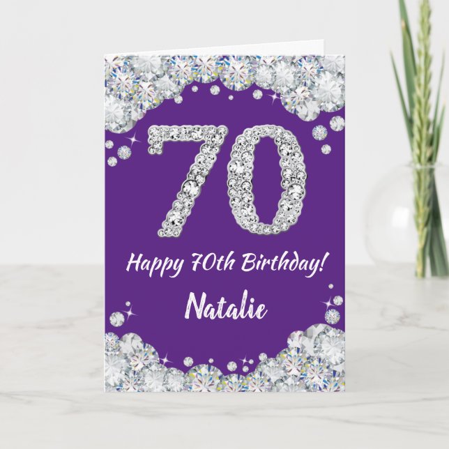 Happy 70th Birthday Purple and Silver Glitter Card (Front)