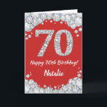 Happy 70th Birthday Red and Silver Glitter Card<br><div class="desc">Happy 70th Birthday Red and Silver Glitter Card with personalized name. For further customization,  please click the "Customize it" button and use our design tool to modify this template.</div>