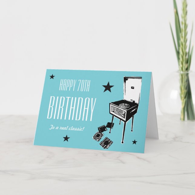 Happy 70th Birthday Retro Greetings Card Blue (Front)