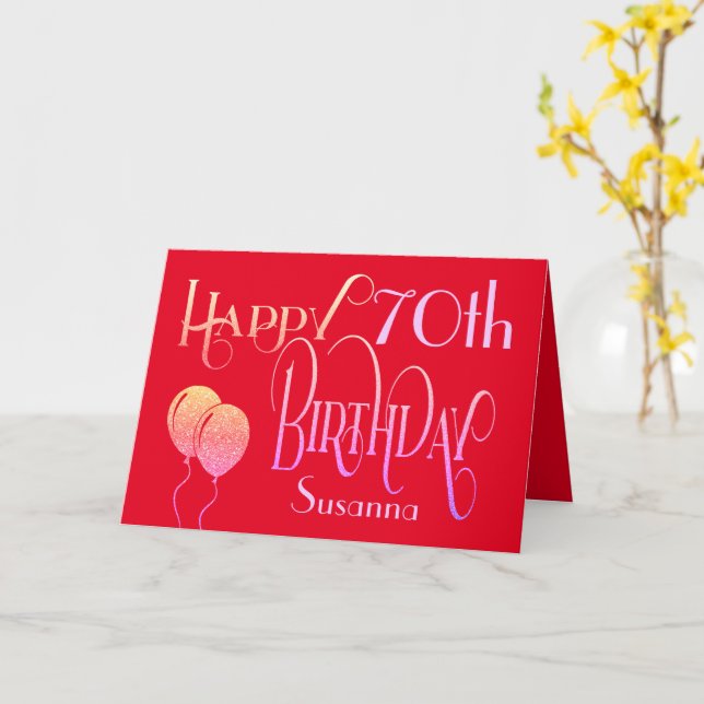 Happy 70th Birthday Stylish Script Name Red Card (Yellow Flower)