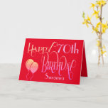 Happy 70th Birthday Stylish Script Name Red Card<br><div class="desc">A stylish design of ornate typography to send Happy 70th Birthday wishes. The decorative script is in shades of lemon and lilac, and the age is in a cordinating typeface in soft lilac, along with your recipient’s name, on a red background. You can change the message inside to your own...</div>
