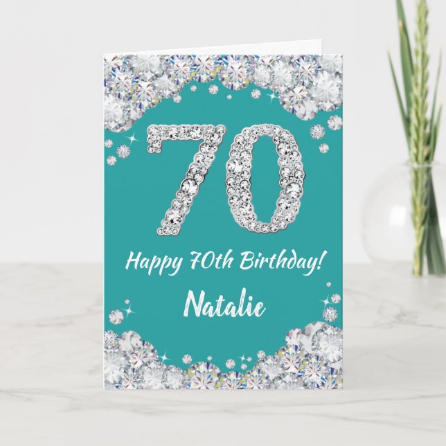 Happy 70th Birthday Teal and Silver Glitter Card (Front)
