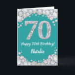 Happy 70th Birthday Teal and Silver Glitter Card<br><div class="desc">Happy 70th Birthday Teal Turquoise Aqua and Silver Glitter Card with personalized name. For further customization,  please click the "Customize it" button and use our design tool to modify this template.</div>