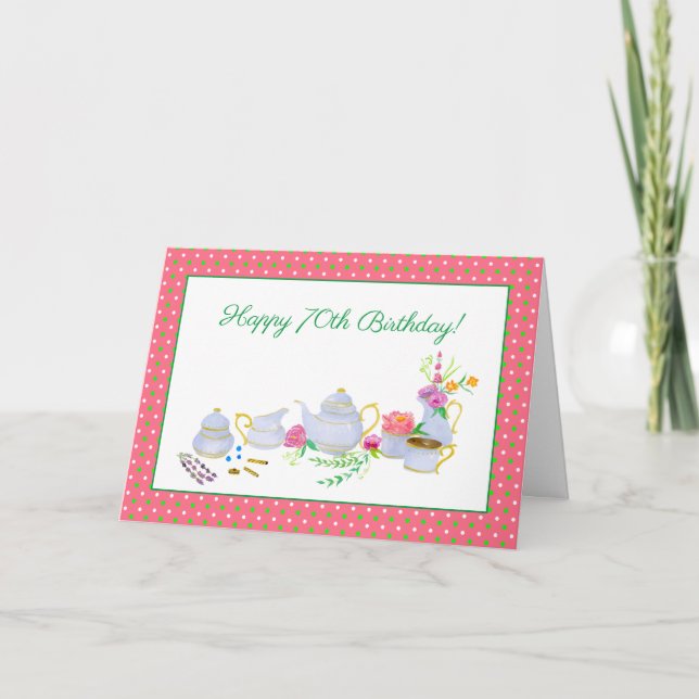 Happy 70th Birthday Watercolor Tea Set Card (Front)