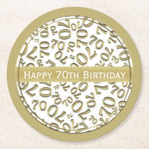 "Happy 70th Birthday" White/Gold Number Pattern Round Paper Coaster