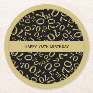 "Happy 70th Birthday" White/Gold Number Pattern Round Paper Coaster