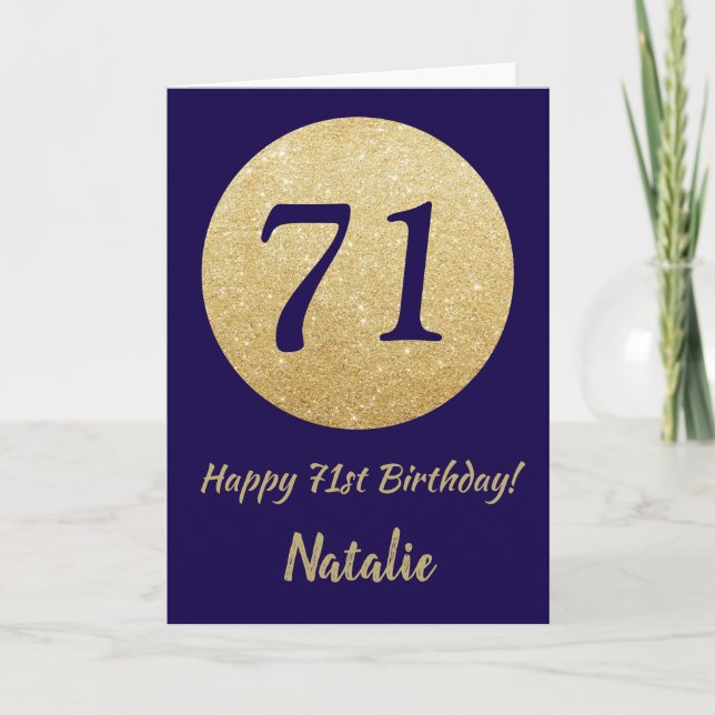 Happy 71st Birthday Navy Blue and Gold Glitter Card (Front)