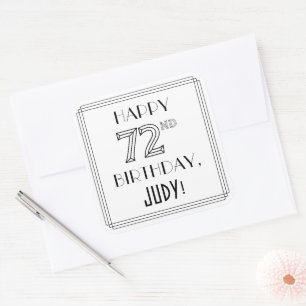 HAPPY 72ND BIRTHDAY, Art Deco Style, Custom Name Square Sticker