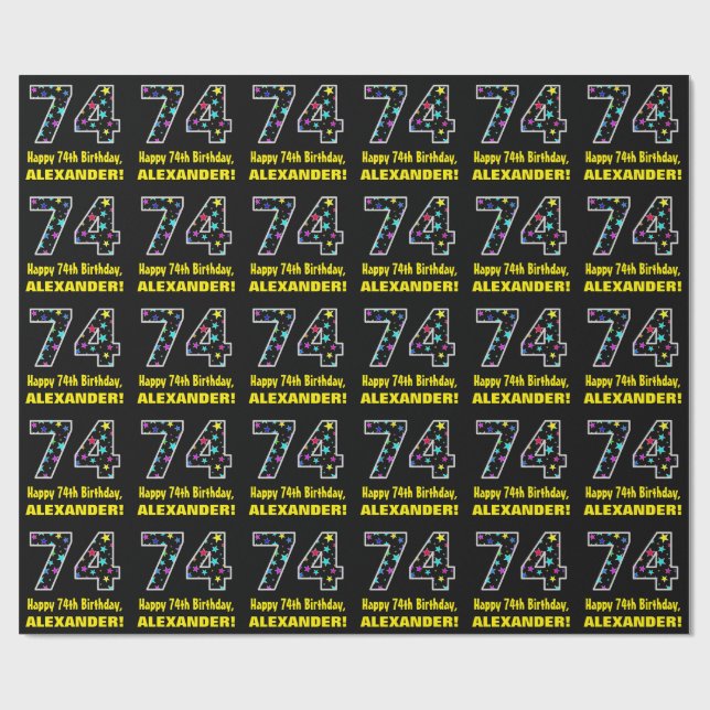 Happy 74th Birthday, Fun Colourful Stars Pattern 7 Wrapping Paper (Flat)