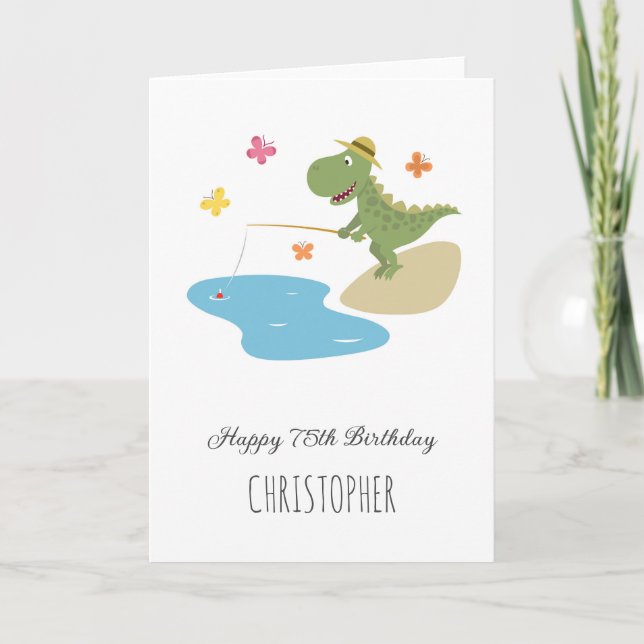 Happy 75th Birthday Cute Cartoon Dinosaur Fishing Card (Front)