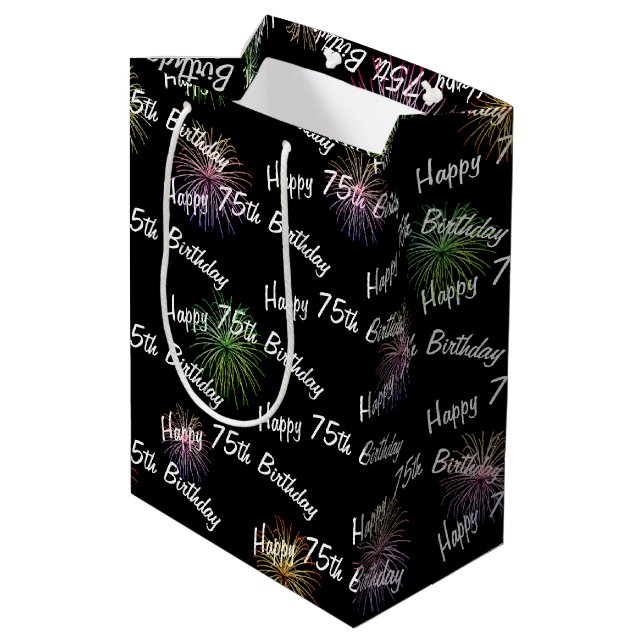Happy 75th Birthday fireworks on black Medium Gift Bag (Back Angled)