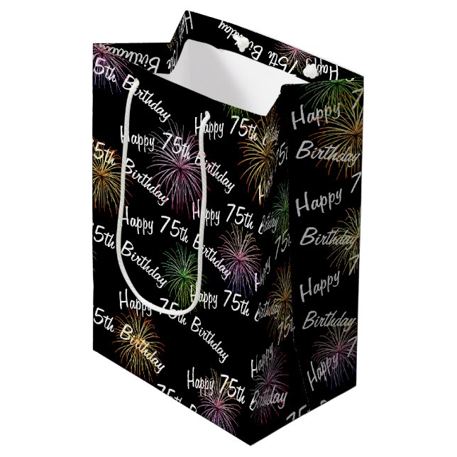 Happy 75th Birthday fireworks on black Medium Gift Bag (Front Angled)