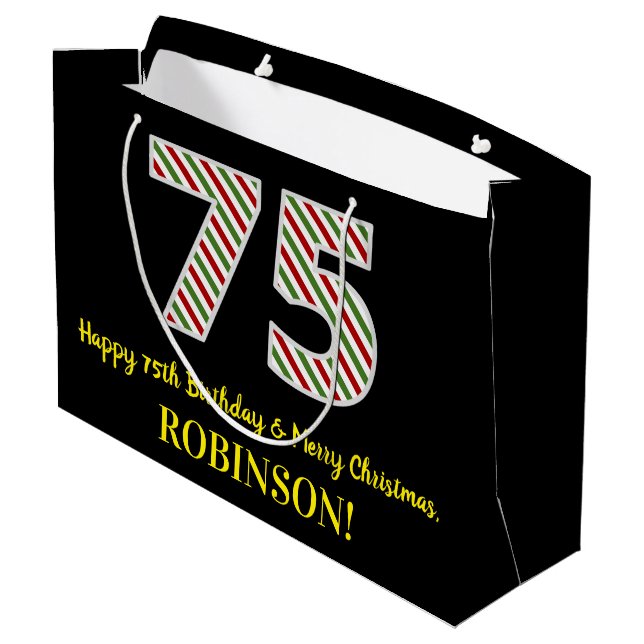 Happy 75th Birthday & Merry Christmas, Custom Name Large Gift Bag (Back Angled)