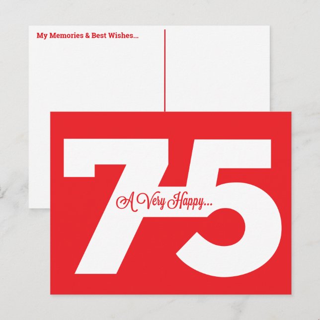 Happy 75th Birthday Milestone Postcards - in red (Front/Back)